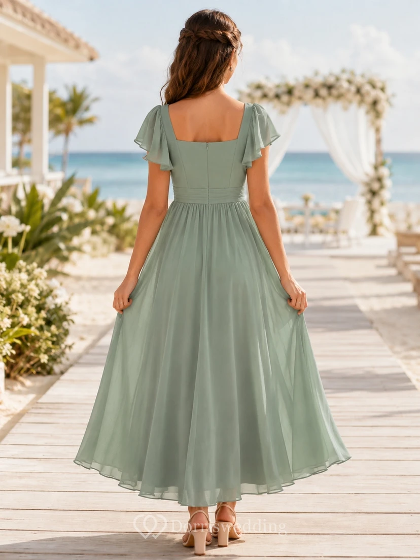 Mintgrünes Brautjungfernkleid für junge Mädchen, A-Linie, eckig, kurze Blütenblattärmel, knöchellang, romantisch