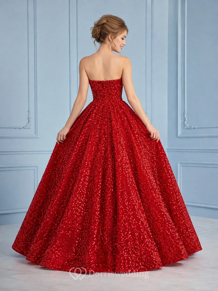Red Sequin Strapless Layered Tulle Ball Gown Prom Dress view 2