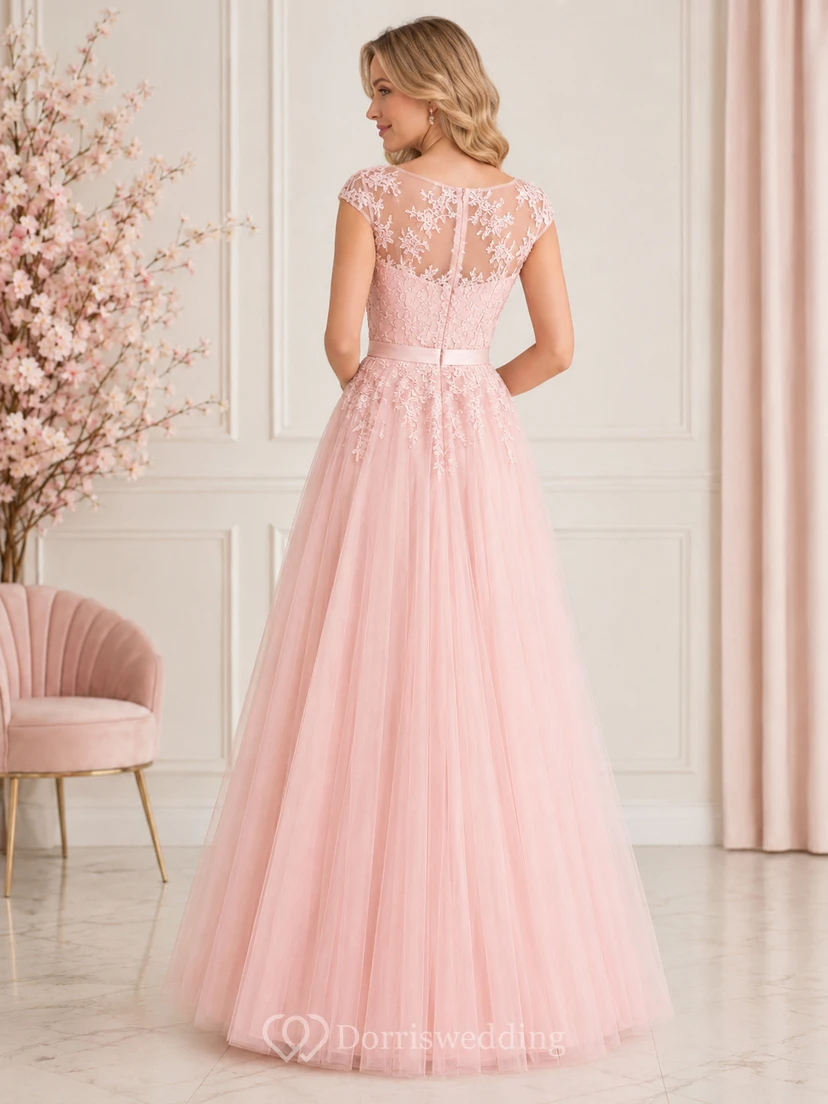 Blush Bateau Illusion Short-Sleeve Floral Lace Tulle A-Line Floor-Length Modest Formal Prom Dress view 2