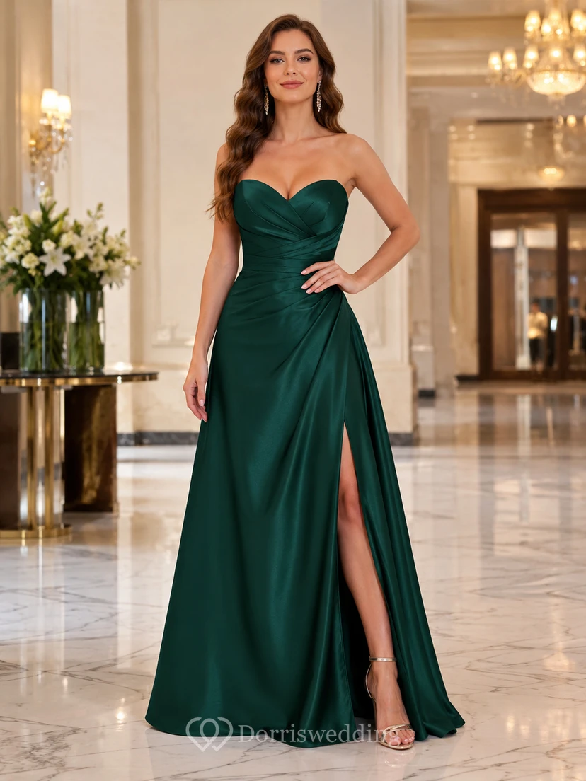 Dark Green Sweetheart Satin Slit Formal Dress
