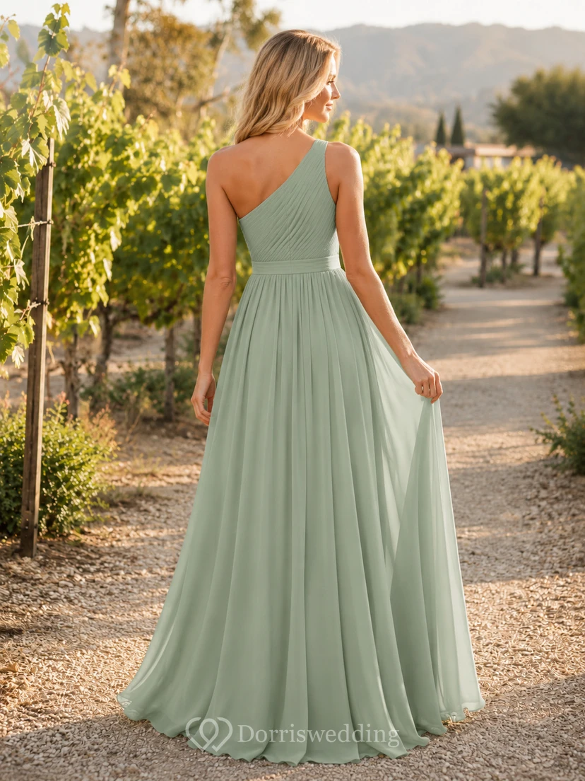 Sage Chiffon A-Line One-Shoulder Sleeveless Side Slit Open Back Floor-Length Bridesmaid Dress view 2
