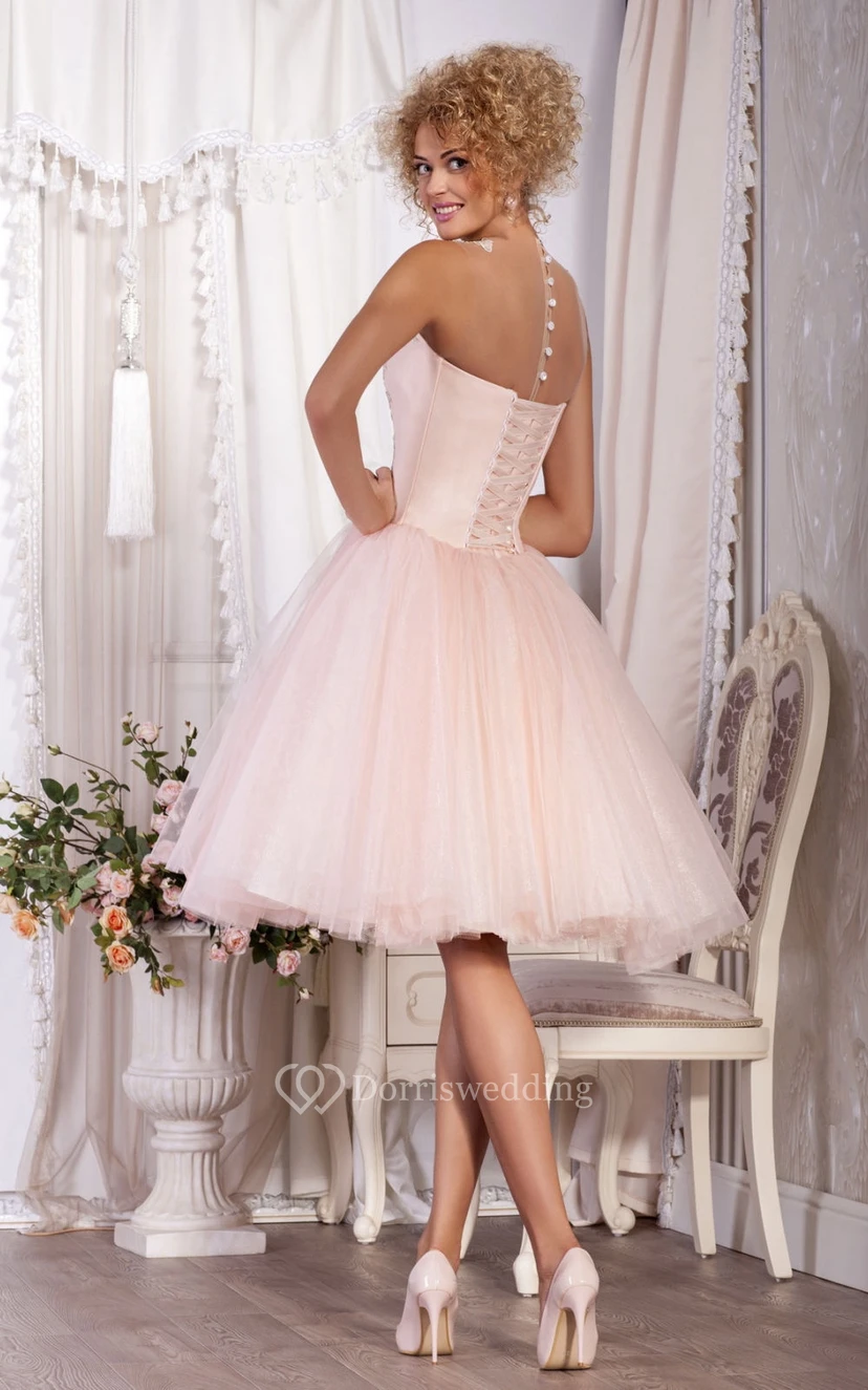 A-Line Knee-Length High-Neck Sleeveless Tulle Pleats Appliques Button Dress view 2