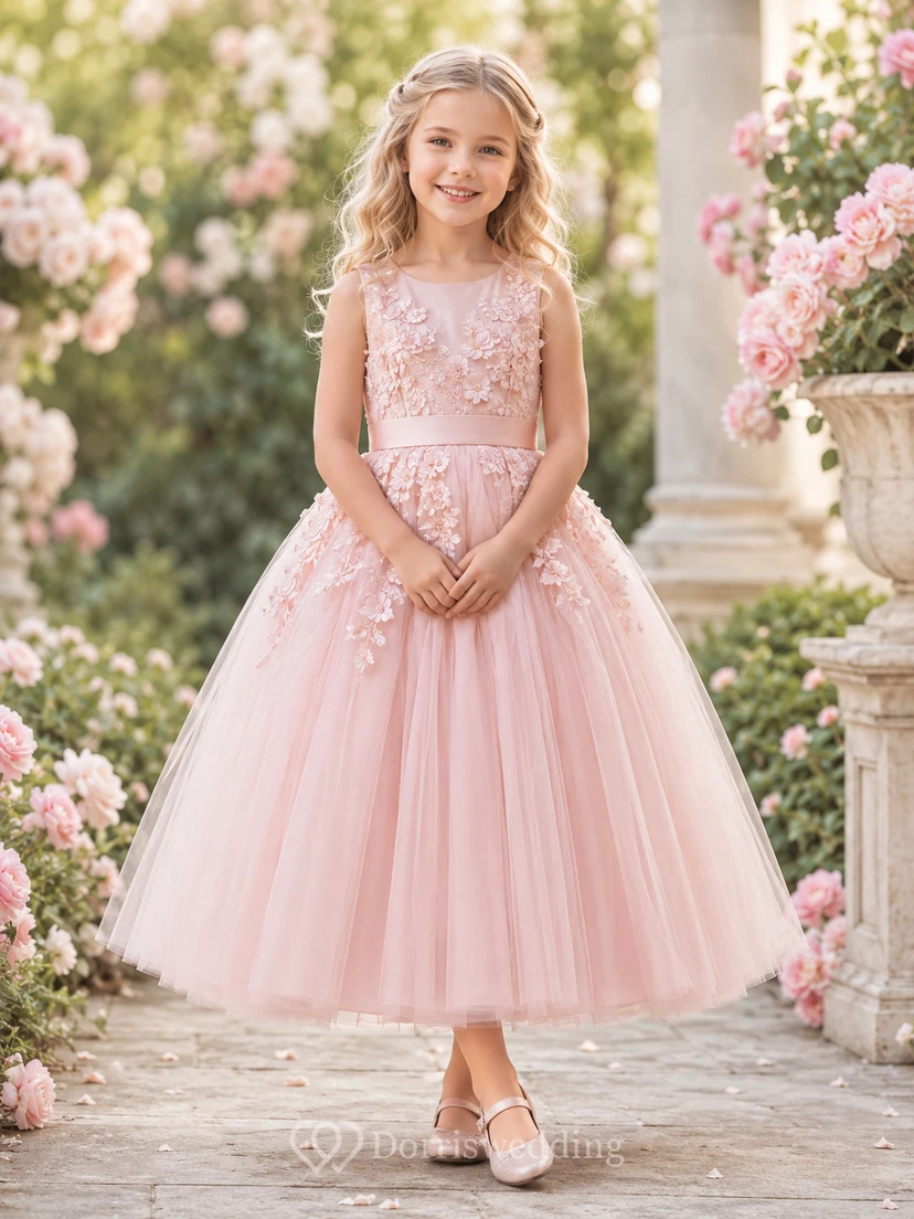 Flower Girl Dress Blush Lace Tulle A-Line Jewel Neck Tea Length