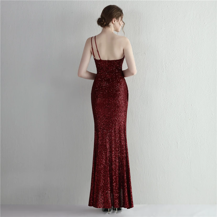 Sequined One-Shoulder Celebrity Cold Banquet Slit Long Sequin Aura Queen Dinner Fishtail Dress view 20