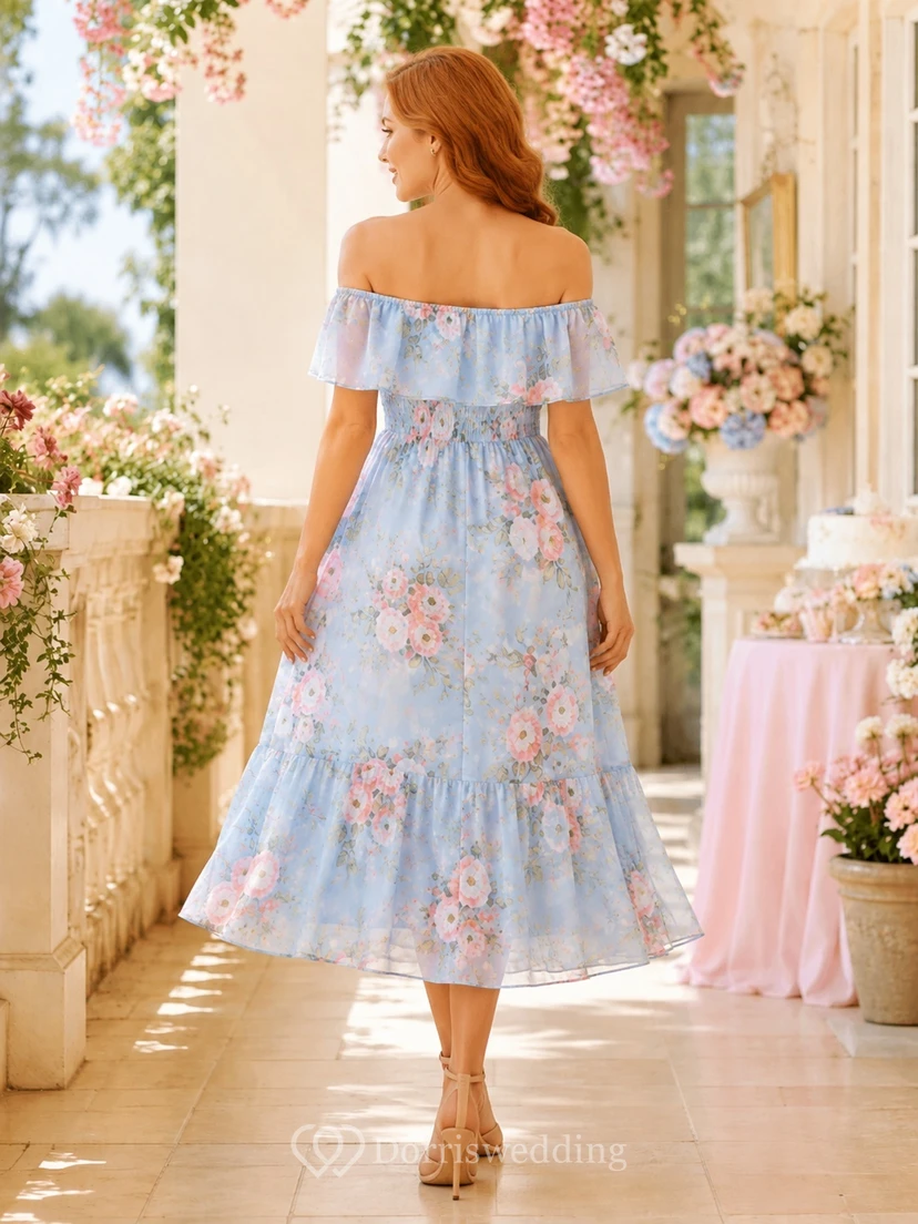 Sky Blue Floral Chiffon Off-the-shoulder Short Sleeve Tiered Tea-length A-Line Dress view 2