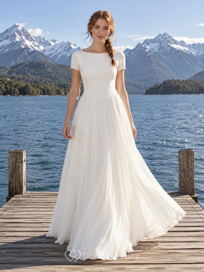 Vestido de novia de gasa de corte A con escote barco, mangas cortas y cintura puntiaguda.