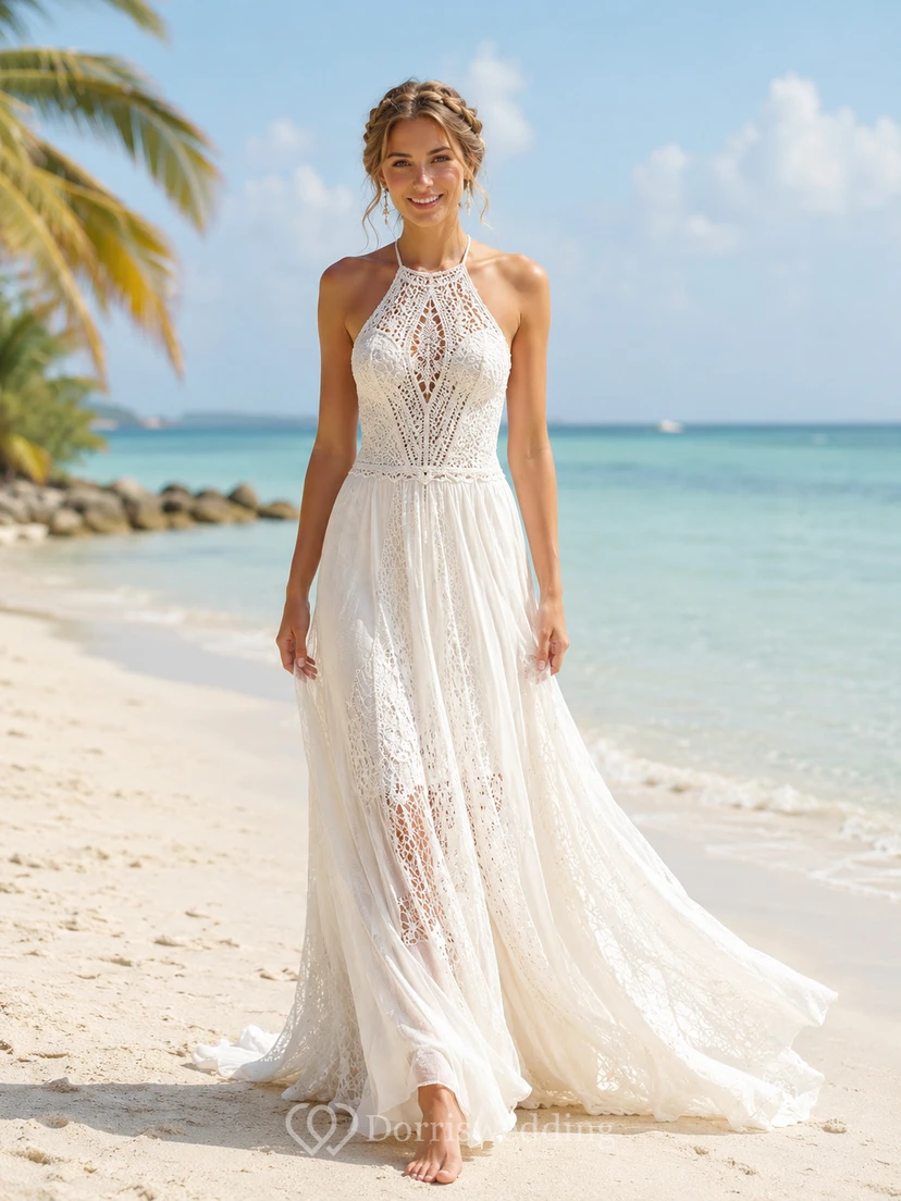 Bohemian Halter Lace Vestido Noiva Praia A Line Backless Sweep Train