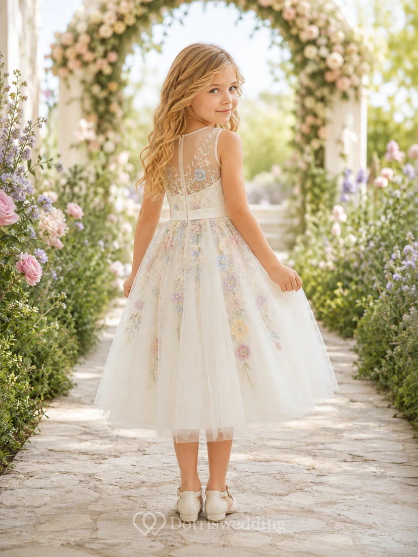 Pastel Floral Embroidery Elegant Princess Tea-Length A-Line Tulle Illusion Neck Flower Girl Dress view 2