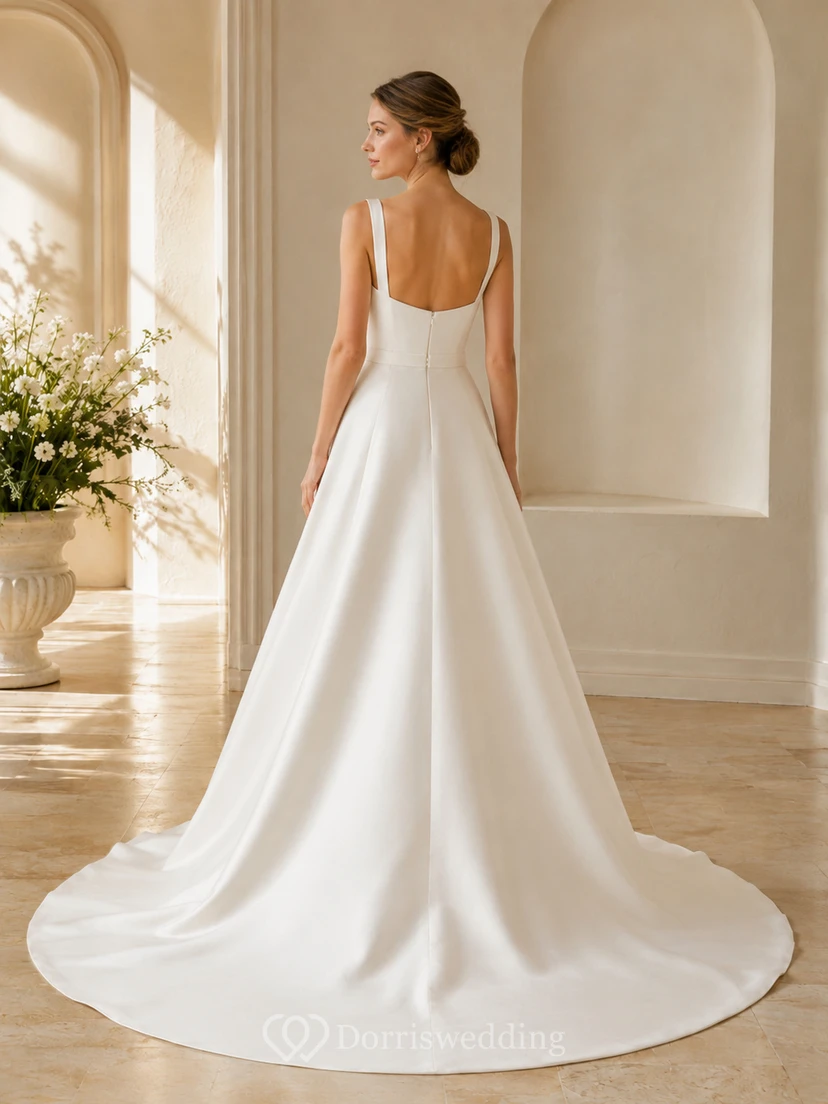 Robe de mariée moderne en satin, sans manches, coupe trapèze, style chapelle, minimaliste, classique, dos nu en U, longueur au sol view 2