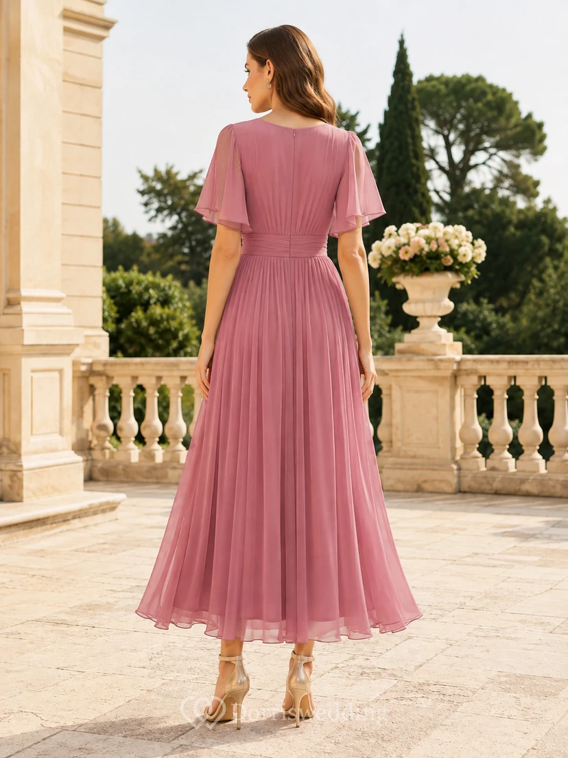 Vestido de cóctel Cerimonia color rosa empolvado con escote en V, mangas acampanadas, plisado, de gasa y corte en A, largo hasta la rodilla. view 2