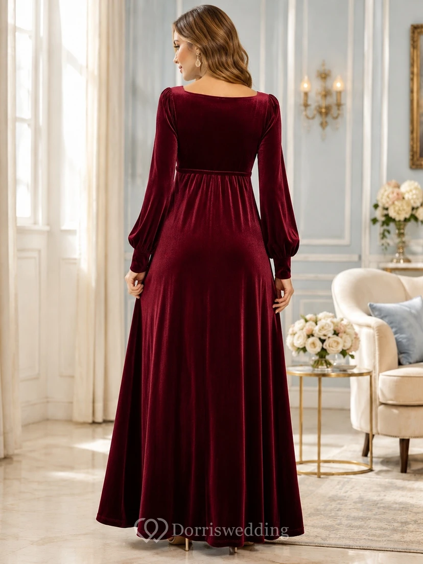Burgundy Velvet Off-the-shoulder Long Sleeve A-Line Evening Gown view 2