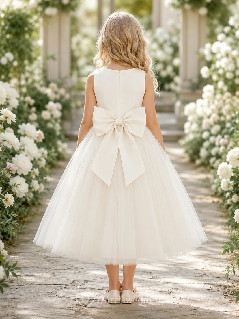 Bow Back Tulle A-Line Flower Girl Dress with Jewel Neck and Tea-Length Skirt view 2