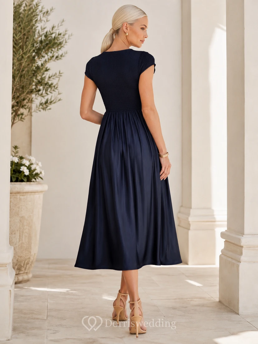 Dark Navy V-Neck Cap-Sleeve Smocked Satin Simple A-Line Guest Dress view 2
