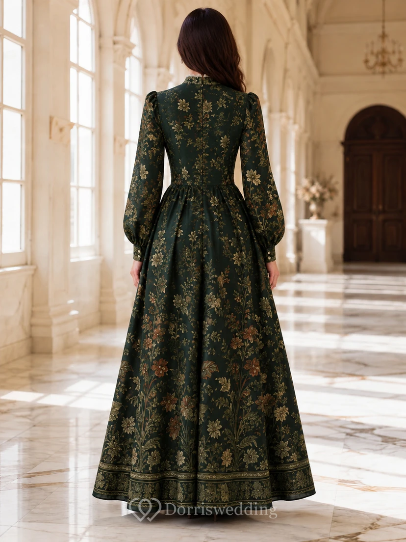 Dark Green Victorian Botanical High Neck Long Sleeve Maxi Dress view 2