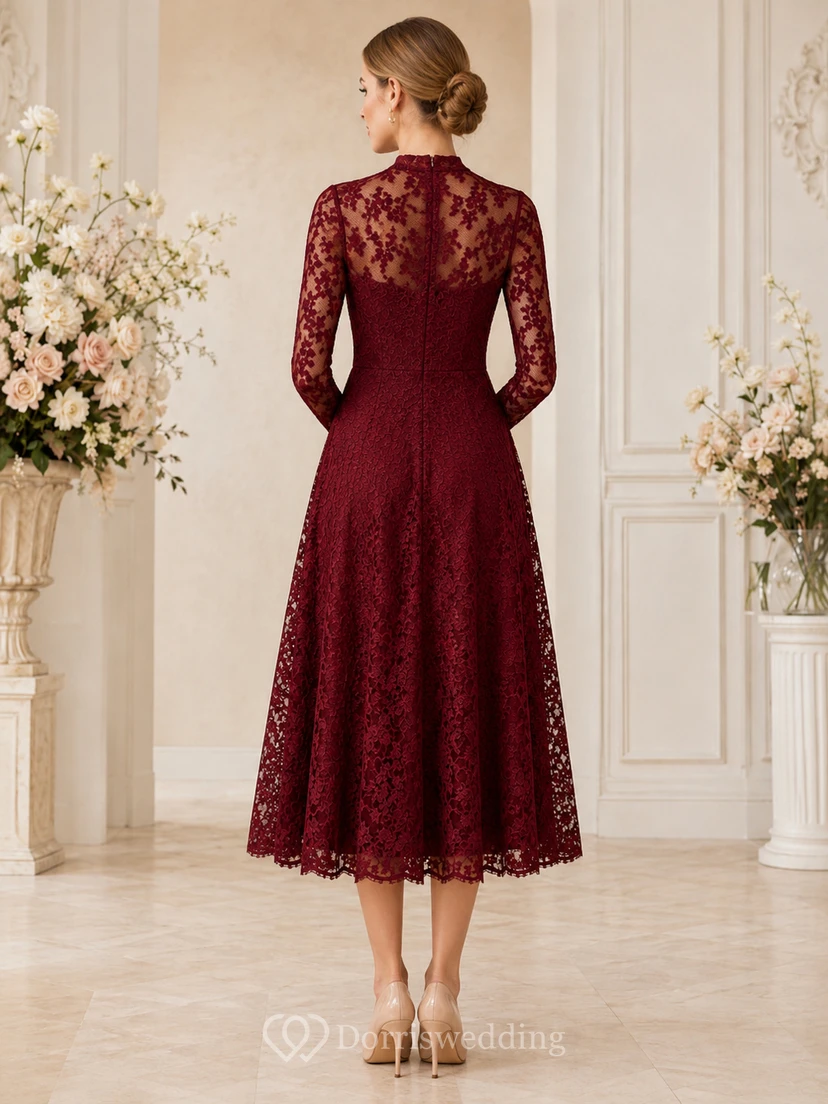 Claret High Neck Long Illusion Lace Sleeve A-Line Midi Guest Dress view 2