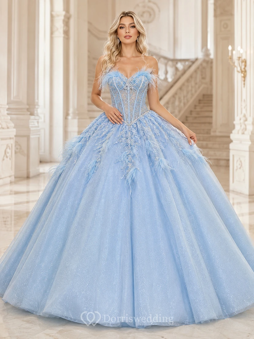 Sky Blue Luxury Strapless Sweetheart Feather Corset Tulle Quinceanera Princess Ball Gown
