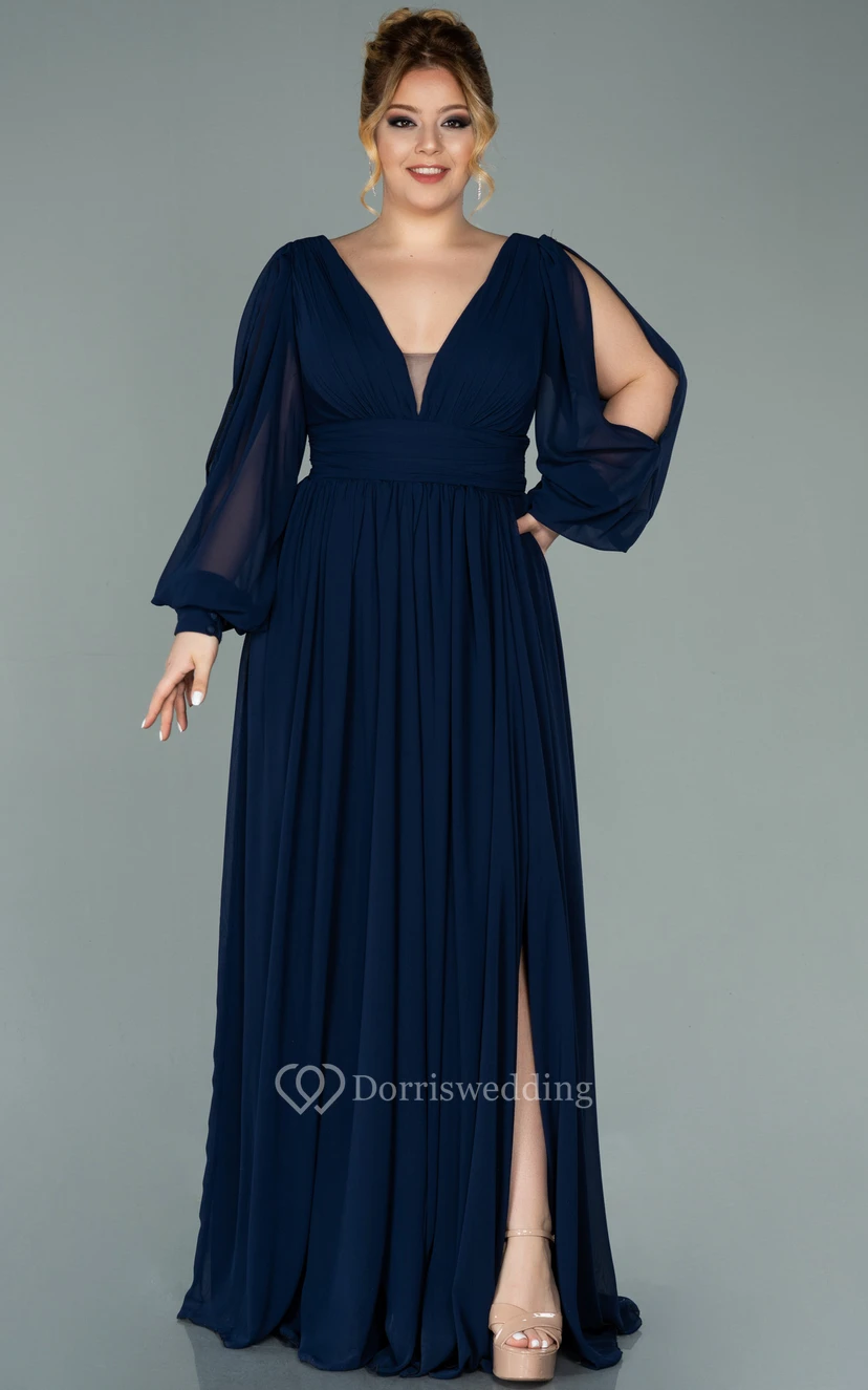 Vestido de noche de gasa con escote en V, manga larga, abertura frontal y pliegues, talla grande