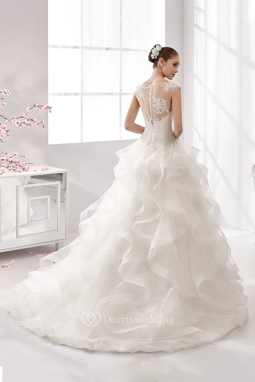 Jewel-Neck A-Line Wedding Gown with Cascading Ruffles and Illusive Neckline  view 2