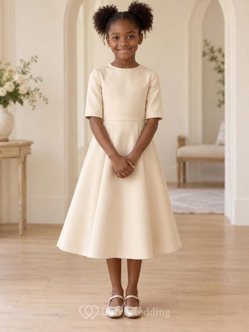 Simple Modest Tea-length Champagne Jewel Half-sleeve Broad-waisted Zipper-back A-line Flower Girl Dress