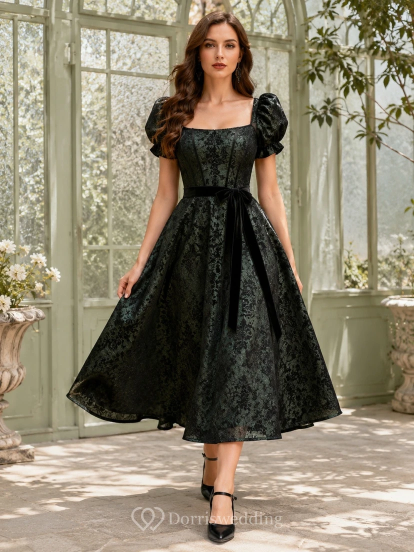 Schwarzes Taftkleid im Gothic-Stil mit eckigem Ausschnitt, Puffärmeln und A-Linien-Schnitt, wadenlang.