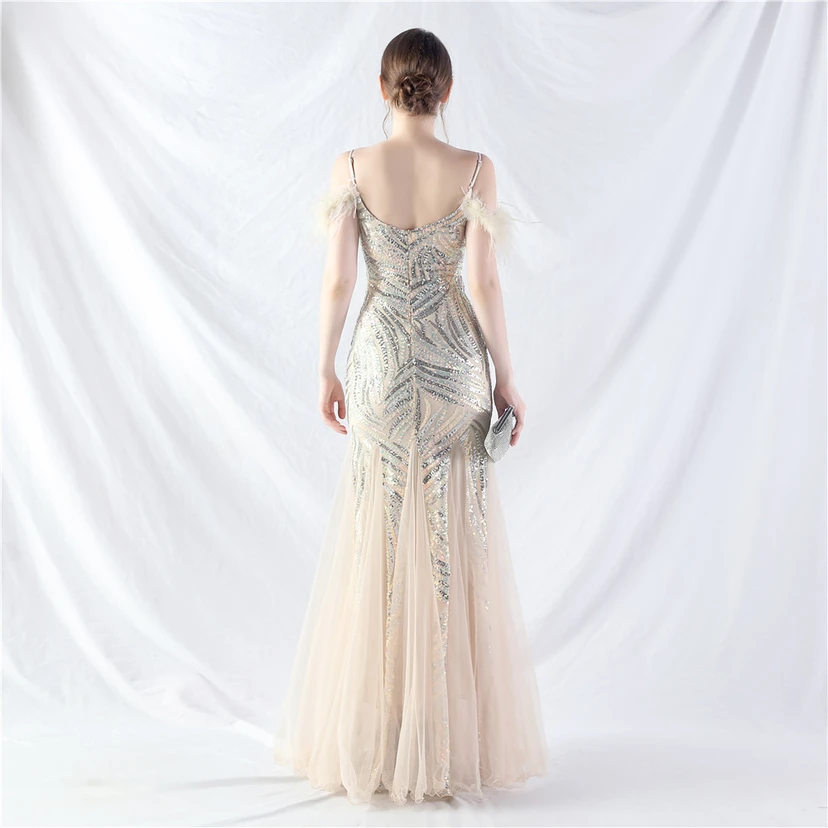 Crafted Ostrich Feather Stacked Sequins Splicing Mesh Gauze High-End Evening Dress Clothes view 76