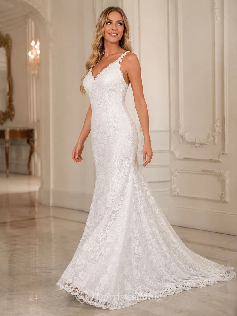 Robe de mariée sirène en dentelle, dos nu, bretelles spaghetti, style bohème chic, sexy, à bretelles spaghetti et ourlet asymétrique. view 5
