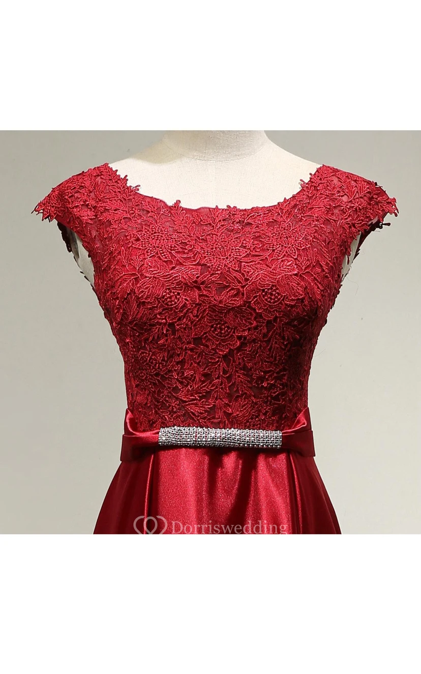 Scoop Neck Cap Sleeve Lace Bodice Satin A-line Long Dress With U Back view 4