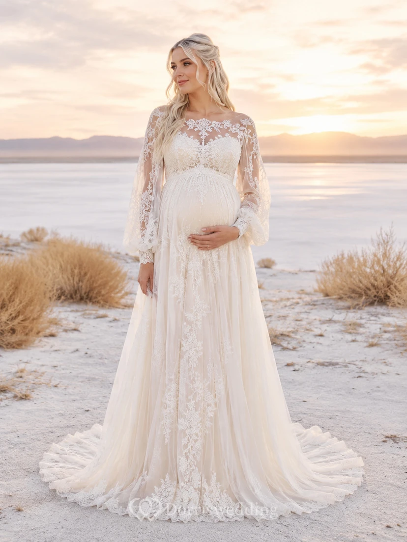 Umstandskleid mit hohem Kragen, langen Spitzenärmeln und für eine Hochzeit am See