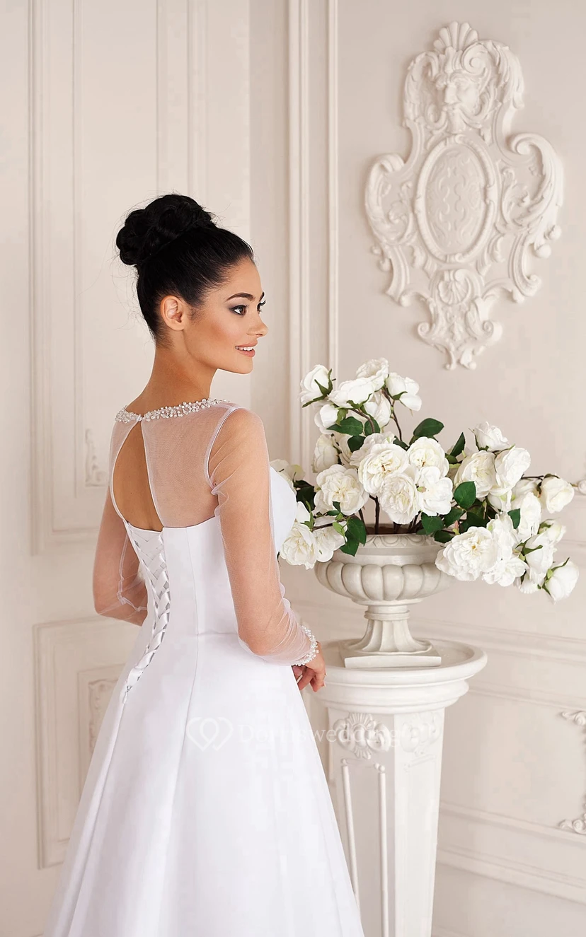 Scoop Neck Long Sleeve A-line Chiffon Wedding Dress Styles With Ruching And Beading view 3