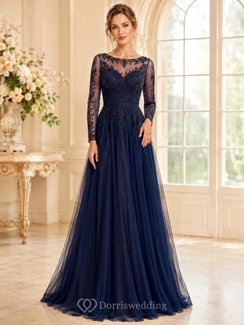 Dark Navy Lace Scalloped-Neck Long-Sleeve Tulle A-Line Sweep-Train Dress