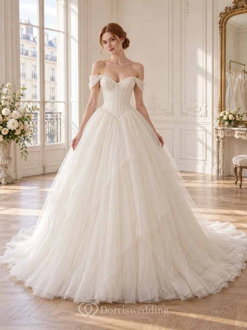 Robe de mariée vintage à épaules dénudées, bustier cœur, corset et longue traîne en tulle superposé