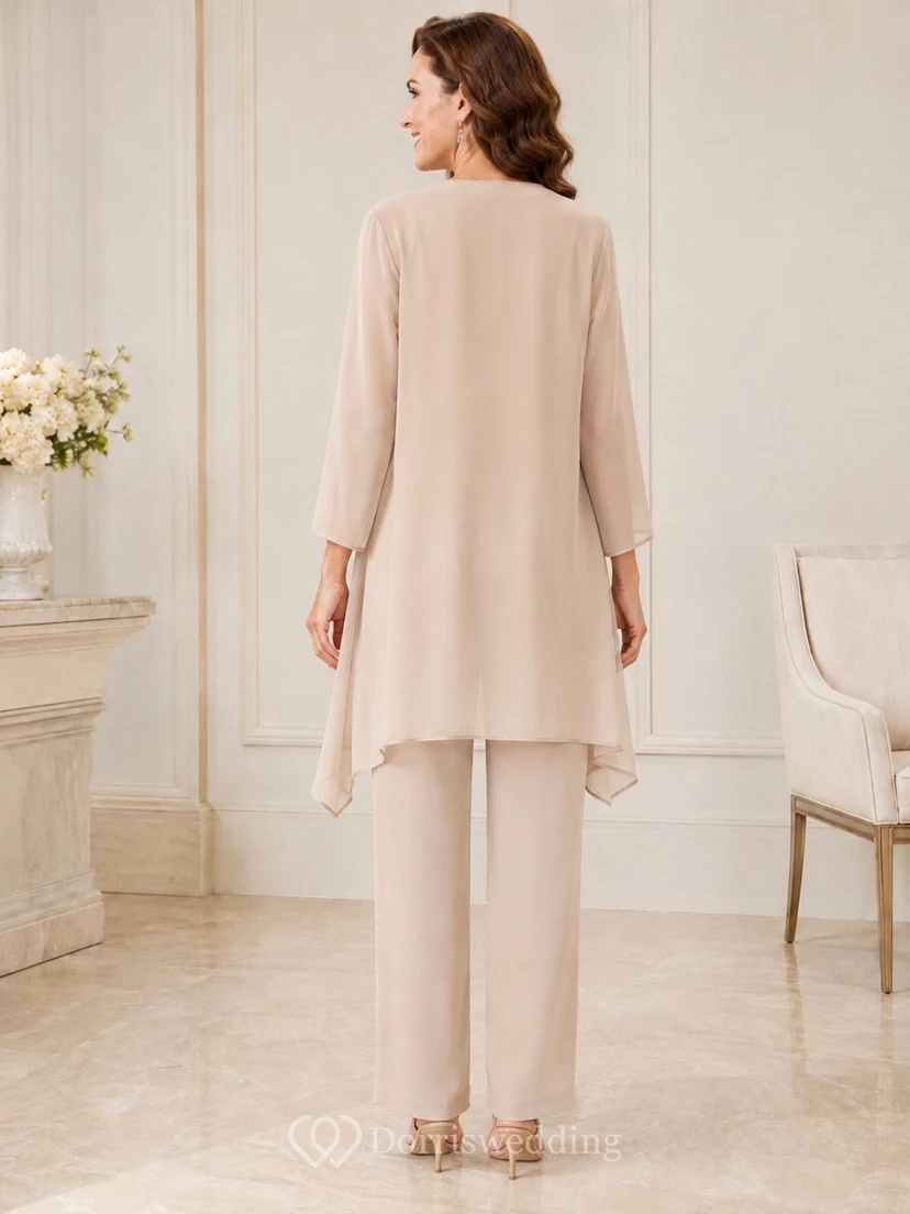 Elegantes zweiteiliges Hosen-Ensemble aus taupefarbenem Chiffon mit Drapierung, Rundhalsausschnitt und Knöchellänge view 2