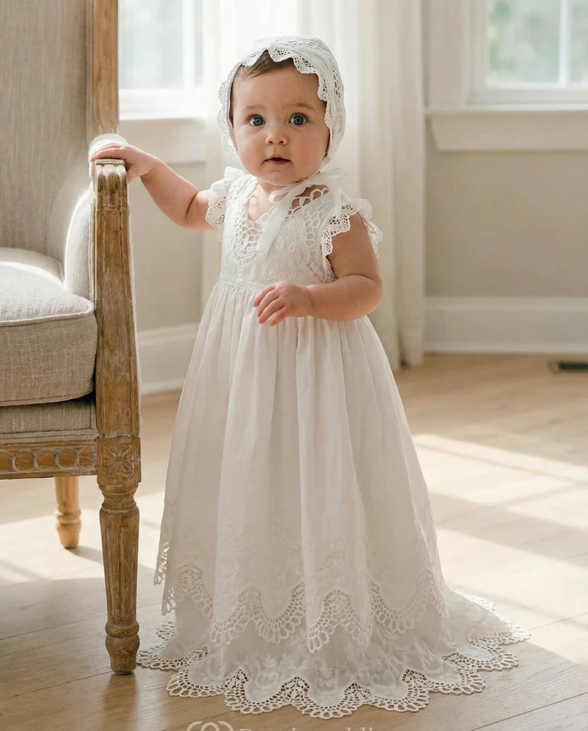 Vestido de bautizo blanco vintage para niña, vestido de encaje con cuello en V y gorro.