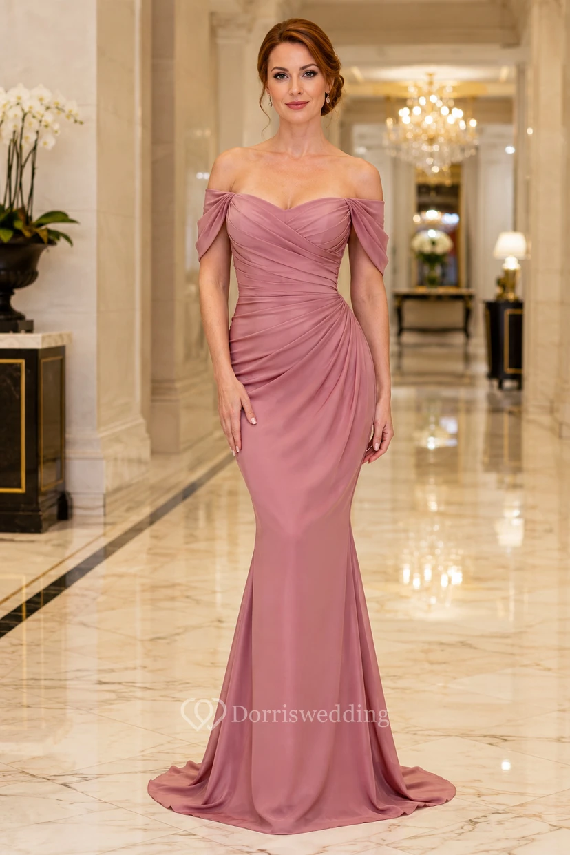 Robe de soirée sirène rose poudré à épaules dénudées