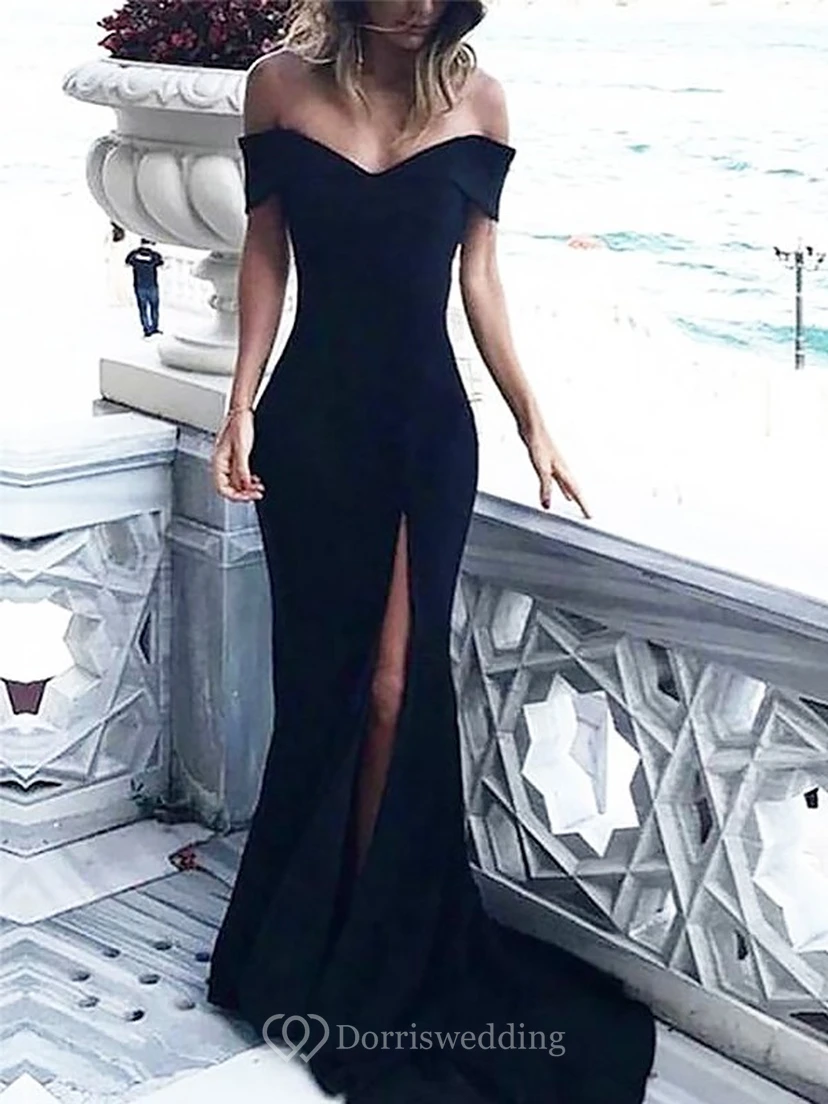 Black Sexy Front Split Off-the-shoulder Chiffon Formal Dress view 2