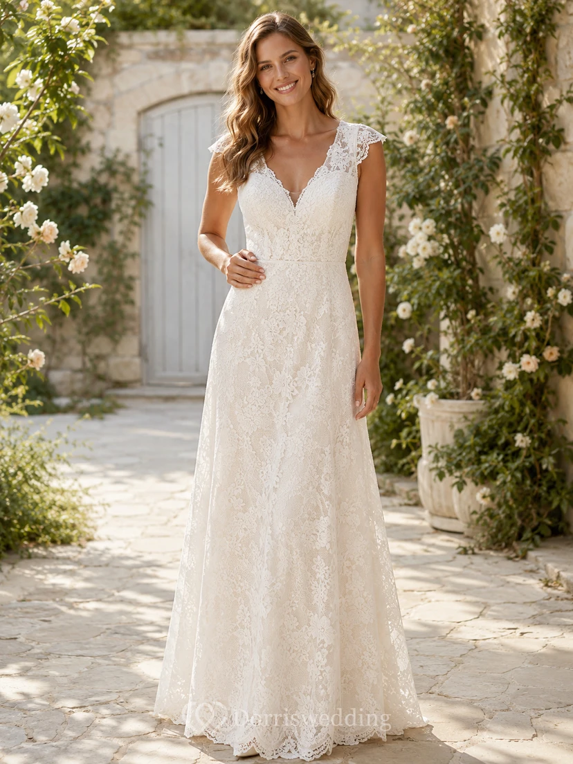Robe de mariée vintage en dentelle et tulle, coupe trapèze, col rond, manches courtes, longueur thé