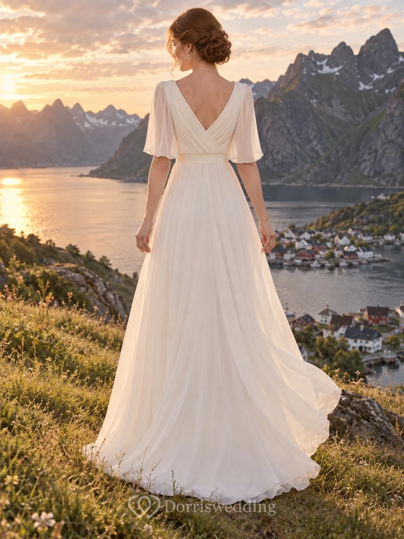 Sencillo vestido de novia de corte A en georgette con escote en V, corpiño cruzado y mangas acampanadas hasta el codo. view 2