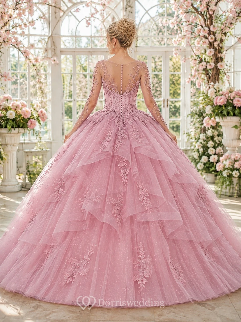Dusty Pink Long Sleeve Lace Tulle Ball Gown Applique Quinceanera Dress view 2