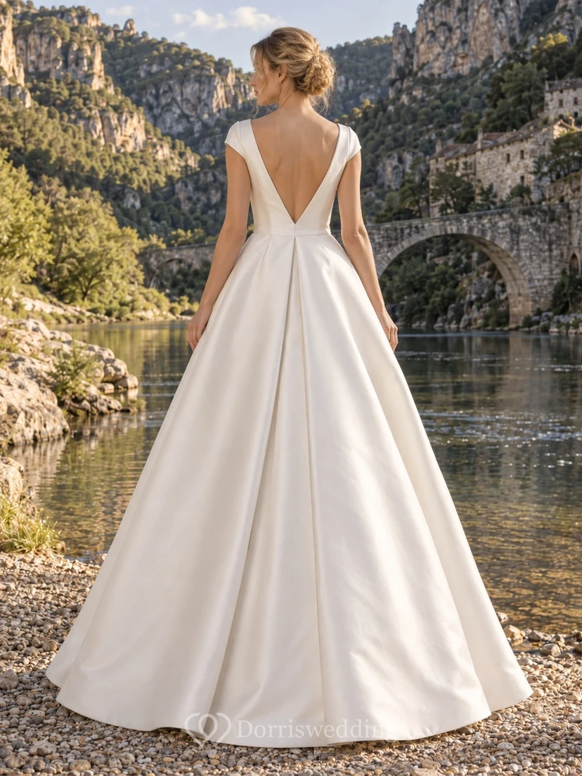 Vestido de novia sencillo de satén duquesa con escote barco y corte en A y mangas cortas view 2