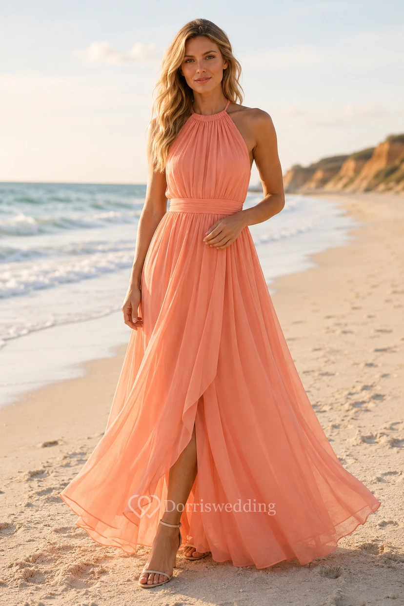 Coral Halter Chiffon A-Line Formal Dress with Slit