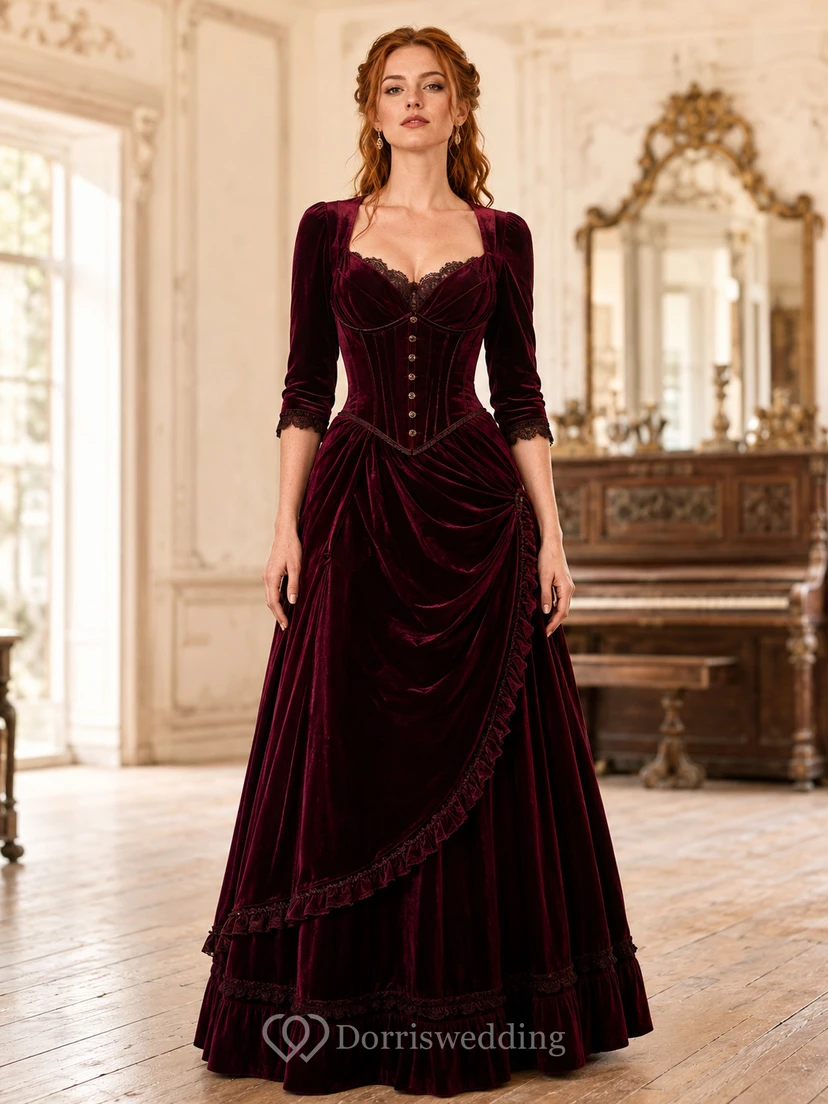 Vestido de estilo western vintage color burdeos con botones frontales, mangas tres cuartos, corte en A y largo hasta el suelo.