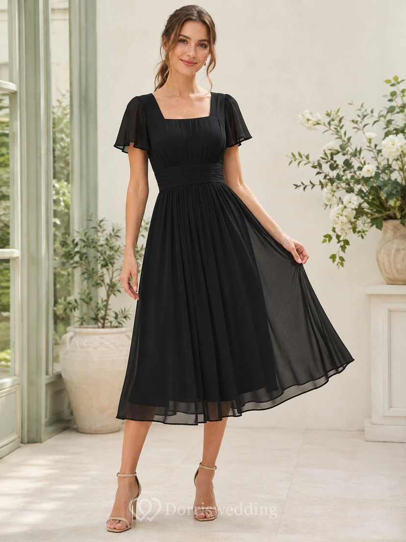 Vestido de gasa negro de manga corta y cuello cuadrado, largo hasta la rodilla, corte en A.