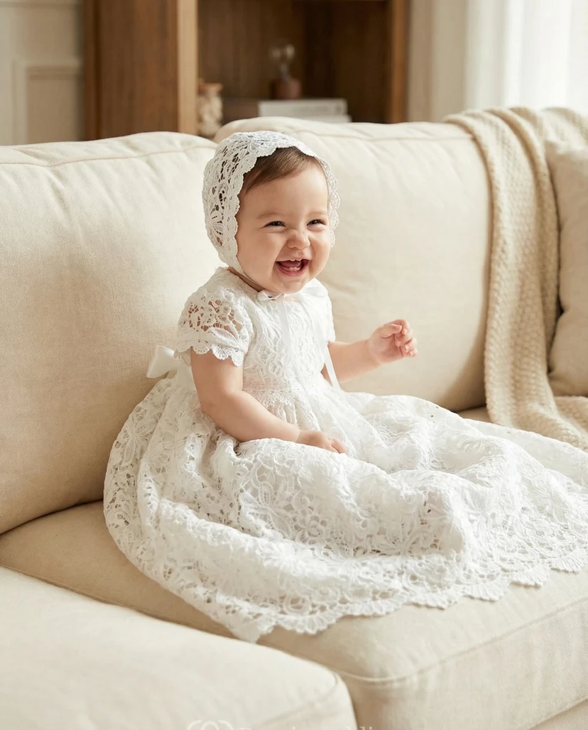 Vestido de niña de flores blanco de encaje para bautizo, manga corta, estilo vintage.