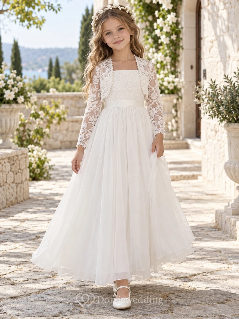 Vestido de niña de flores blanco de manga larga, cuello cuadrado, corte en A, tul, bolero de encaje hasta los tobillos