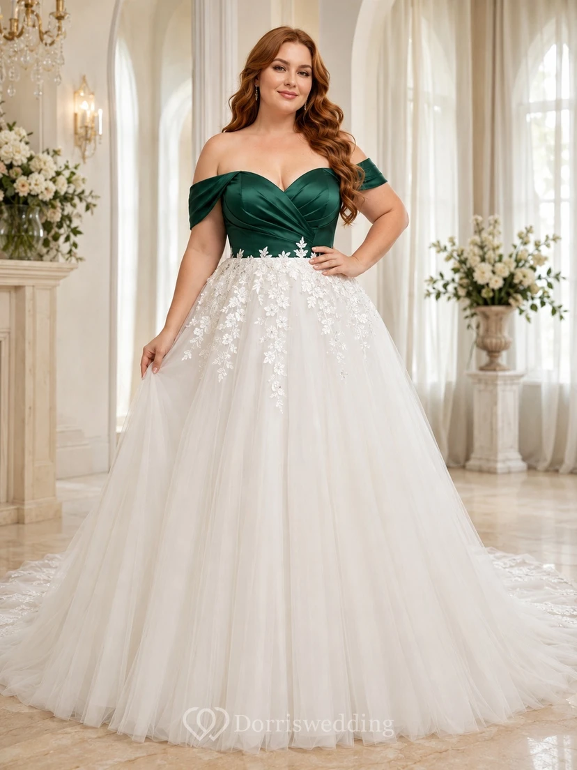 Emerald Floral Plus Size Bridal Ball Gown Off-the-shoulder Short Sleeve Sweep Train Romantic Gown