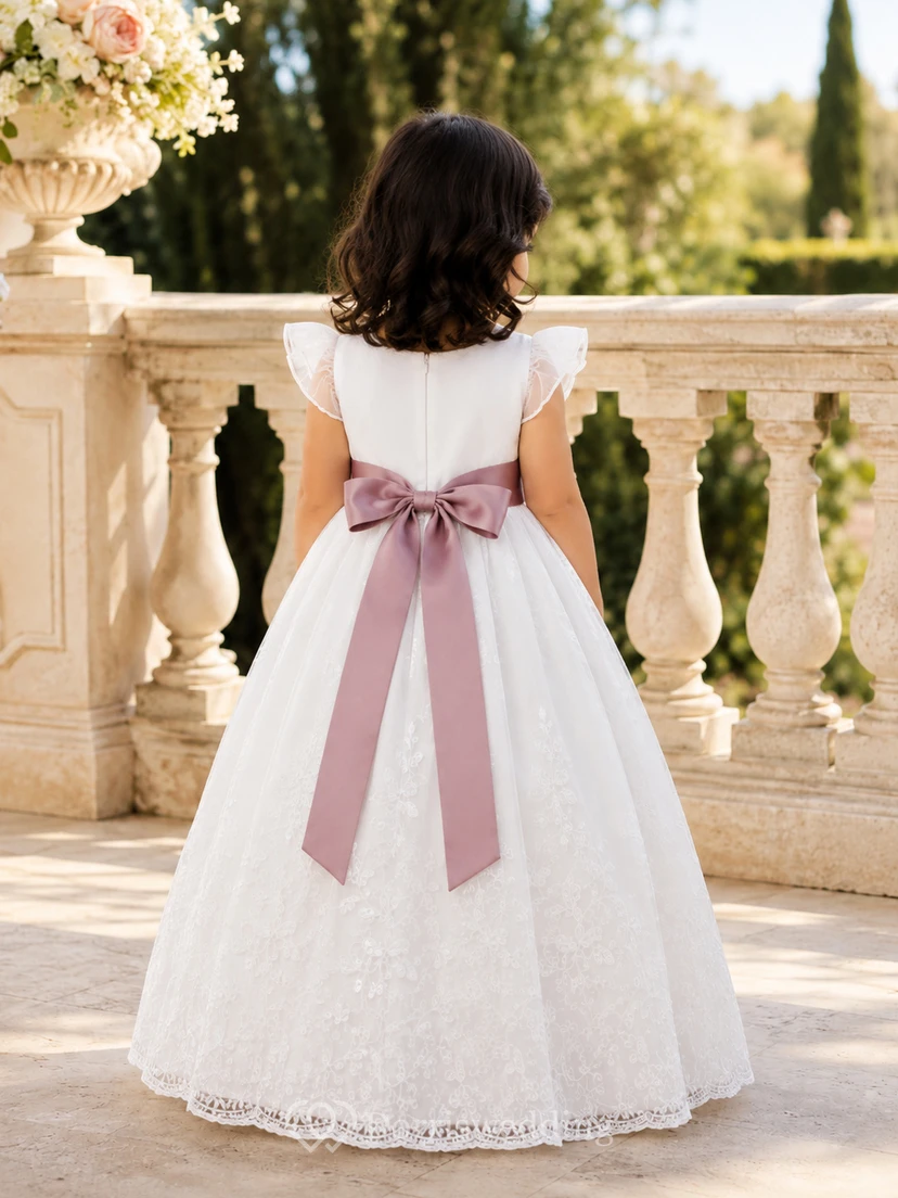 Taufkleid für Babys, A-Linie, knöchellang, Rundhalsausschnitt, ärmellos, aus Tüll und Spitze, mit Schleife am Rücken und Knopfleiste. view 2
