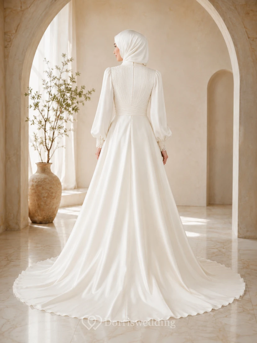 Modest Muslim High Neck Bishop Sleeve Satin Bridal Gown view 2
