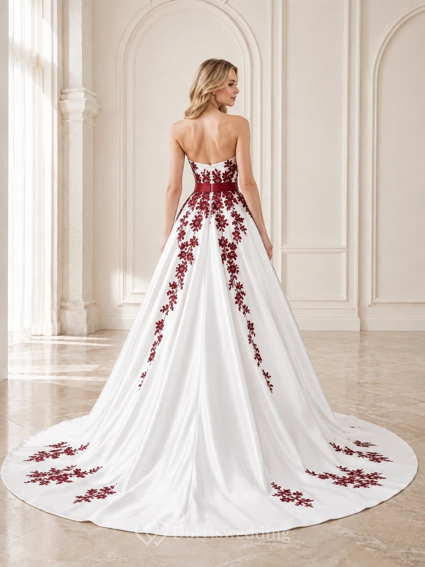 Burgunderfarbenes, elegantes Brautkleid in A-Linie mit herzförmigem Ausschnitt, ärmellos und mit Schleppe view 2