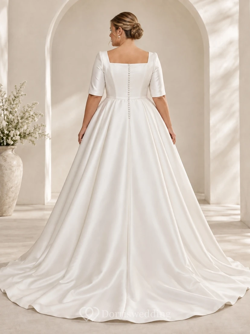 Vestido de novia de satén de corte A con escote cuadrado, mangas cortas y botones. view 2
