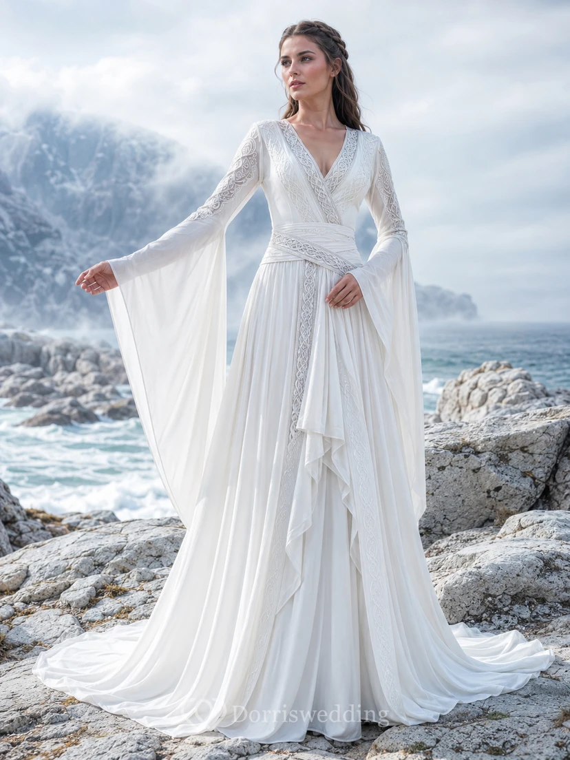 Viking Inspired V-Neck Long Wing Cape Sleeve Chiffon A-Line Sweep Train Wedding Gown